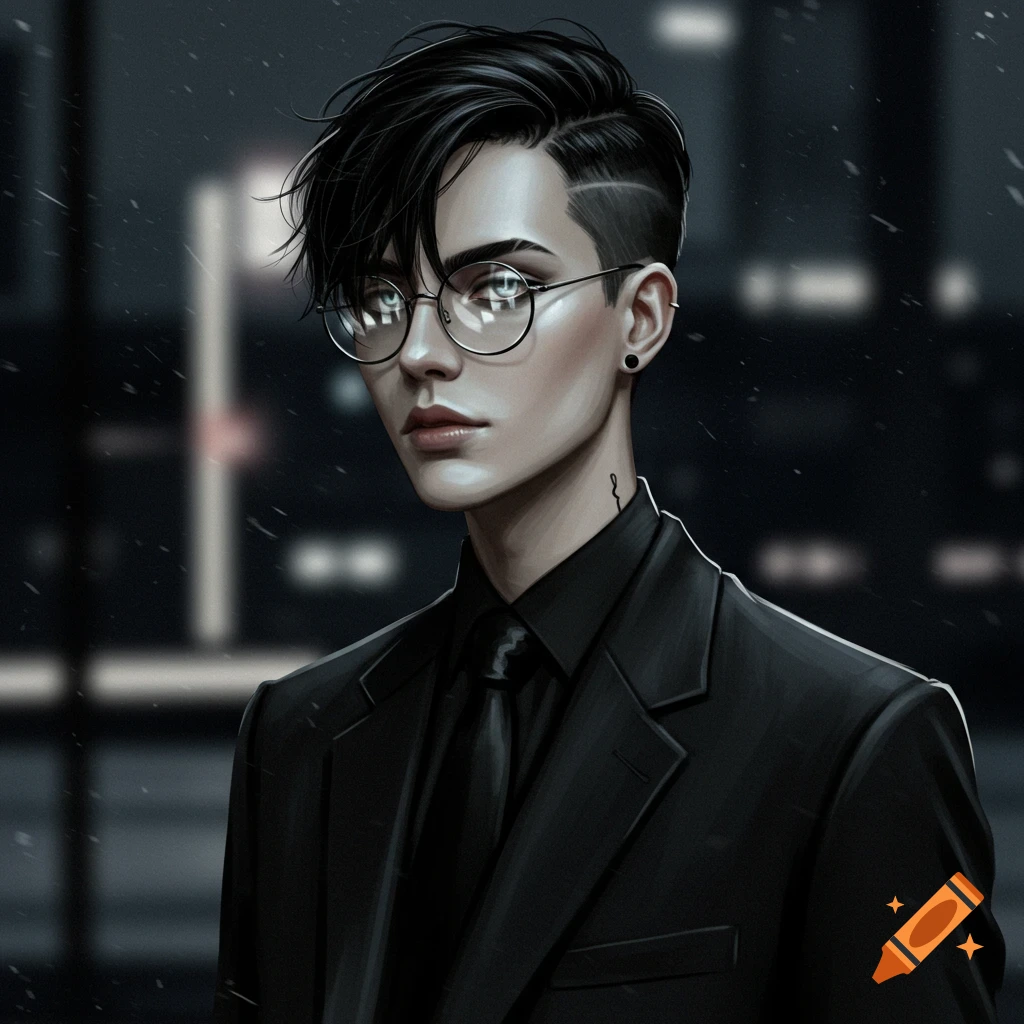 Digital art portrait of an androgynous person in a black suit with a side-shaved hairstyle and round glasses, against a blurry city night.