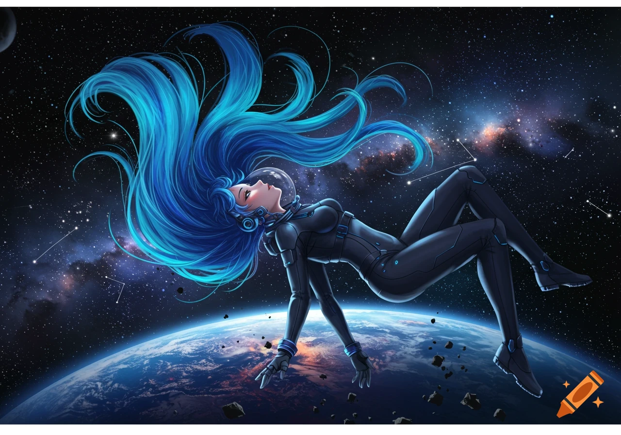 Anime girl with long, flowing blue hair in a black space suit floats gracefully in outer space above Earth, surrounded by stars and asteroids.