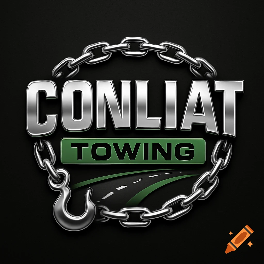 CONLIAT TOWING company logo featuring silver metallic text, a green banner, a silver chain with a hook, and a green road on a black background.