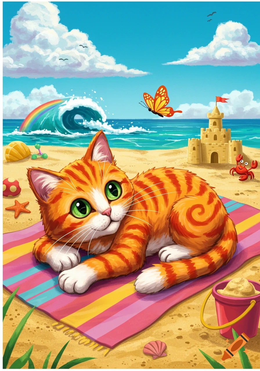 Cute cartoon orange tabby cat on a striped beach towel on a sunny beach with a sandcastle, rainbow wave, and butterfly.