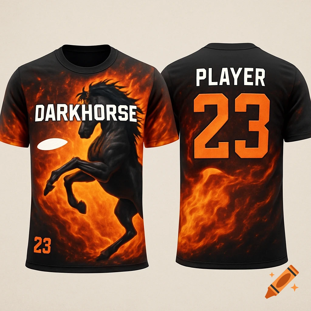 Front and back of a black ultimate frisbee jersey with a flaming black horse, "DARKHORSE" and "23" on front, and "PLAYER 23" on back.