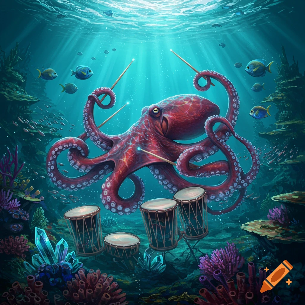 A vibrant red octopus plays a drum set with four tentacles underwater, surrounded by colorful coral, shimmering crystals, and small fish.