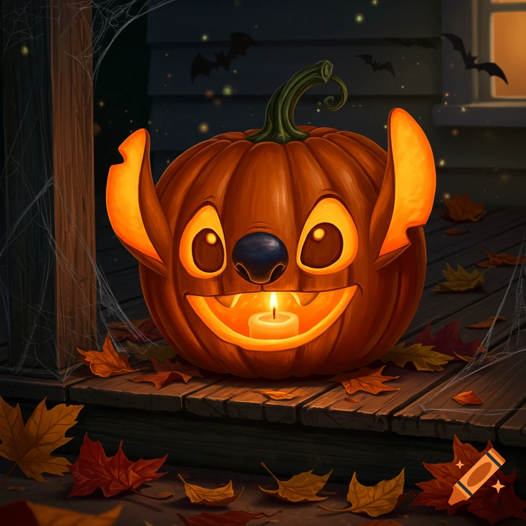 A Stitch-themed Jack-O-Lantern with glowing eyes and ears sits on a wooden porch among autumn leaves and spiderwebs at night, with bats flying in the background.
