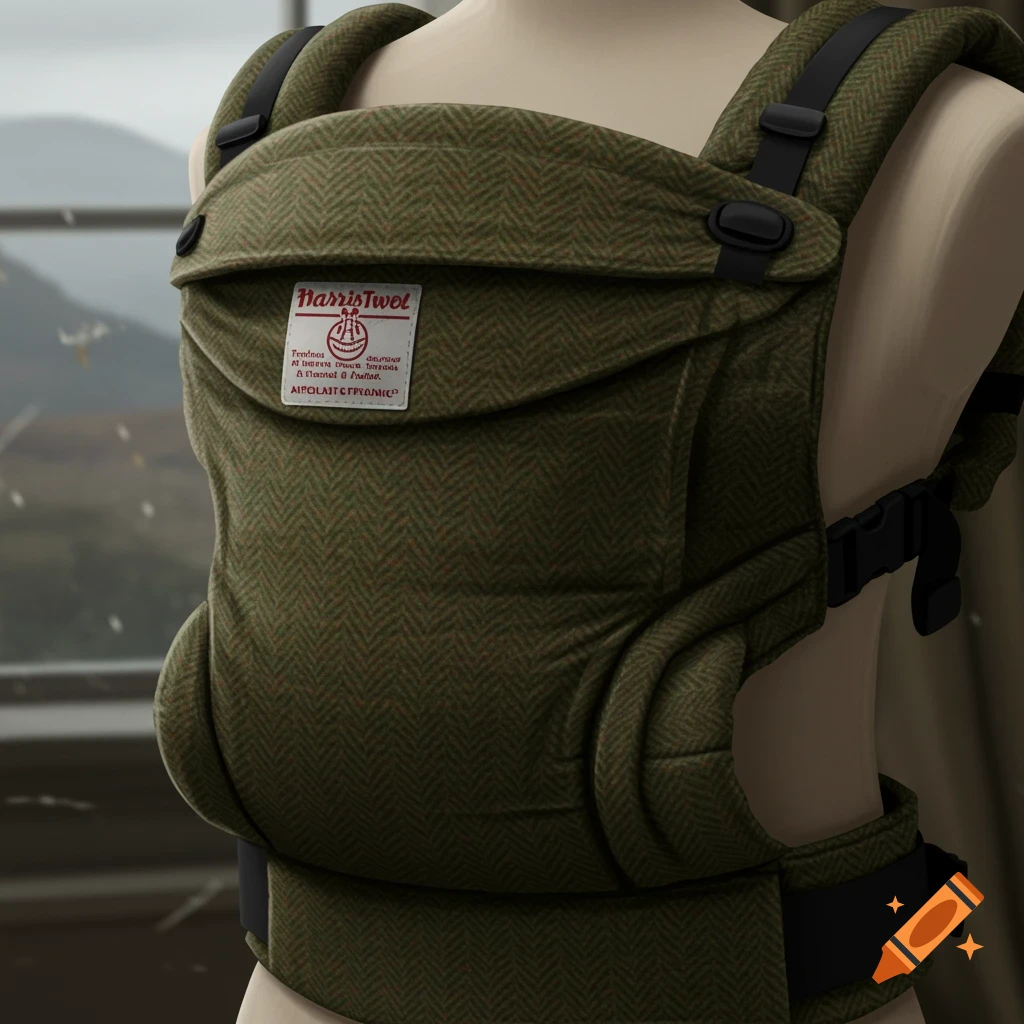 A close-up shot of a green herringbone Harris Tweed baby carrier on a mannequin, with a blurry background.