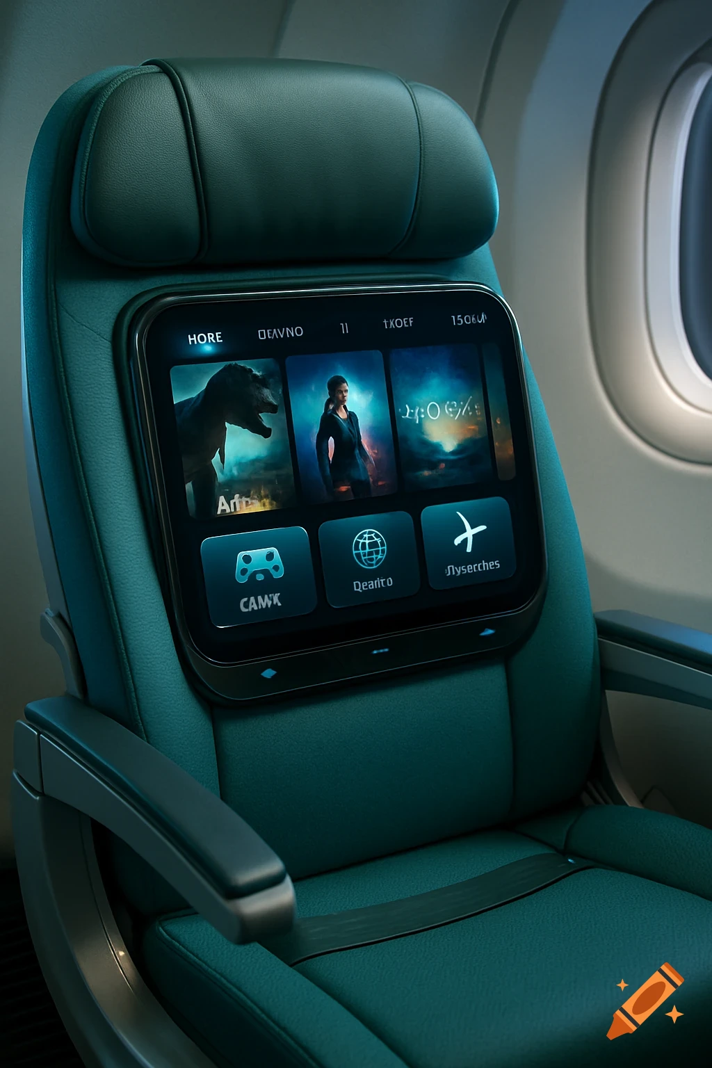 Close-up of an economy class airplane seat in turquoise and green, featuring a sophisticated in-flight entertainment screen displaying movies and games.