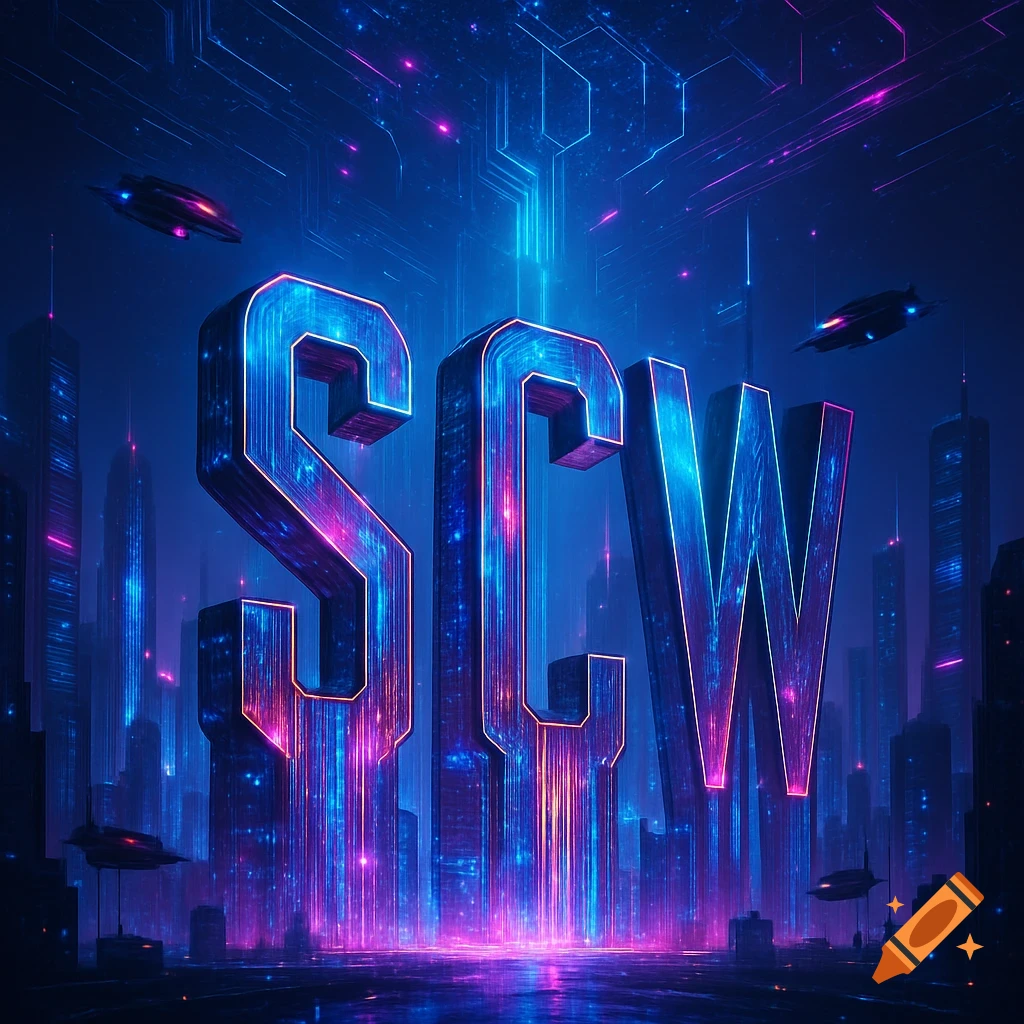 Large glowing neon blue and pink letters 'SCW' stand tall in a futuristic cityscape with flying vehicles and circuit-like patterns.