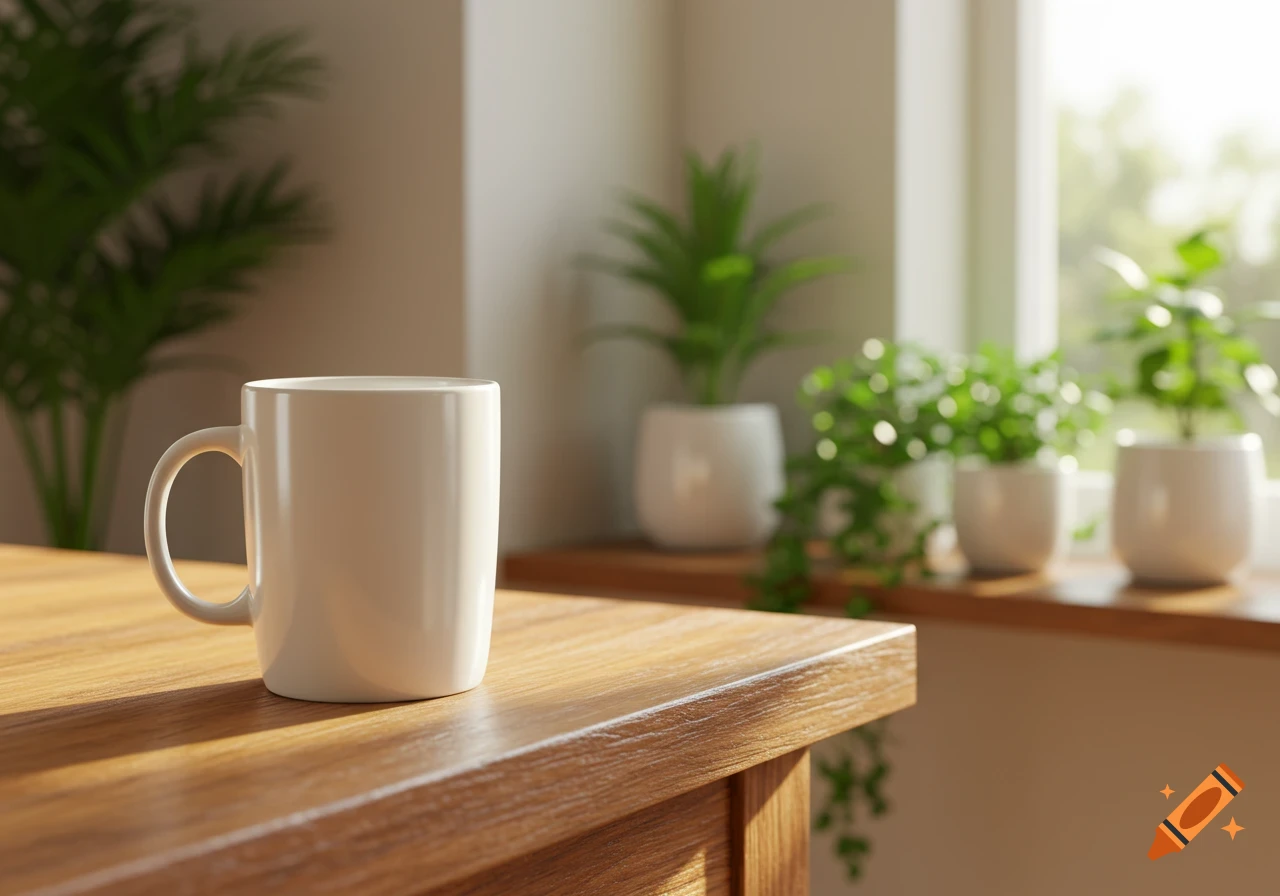 A clean white ceramic mug sits on a polished wooden table next to a sunlit window with green potted plants in the blurred background. Photorealistic style.