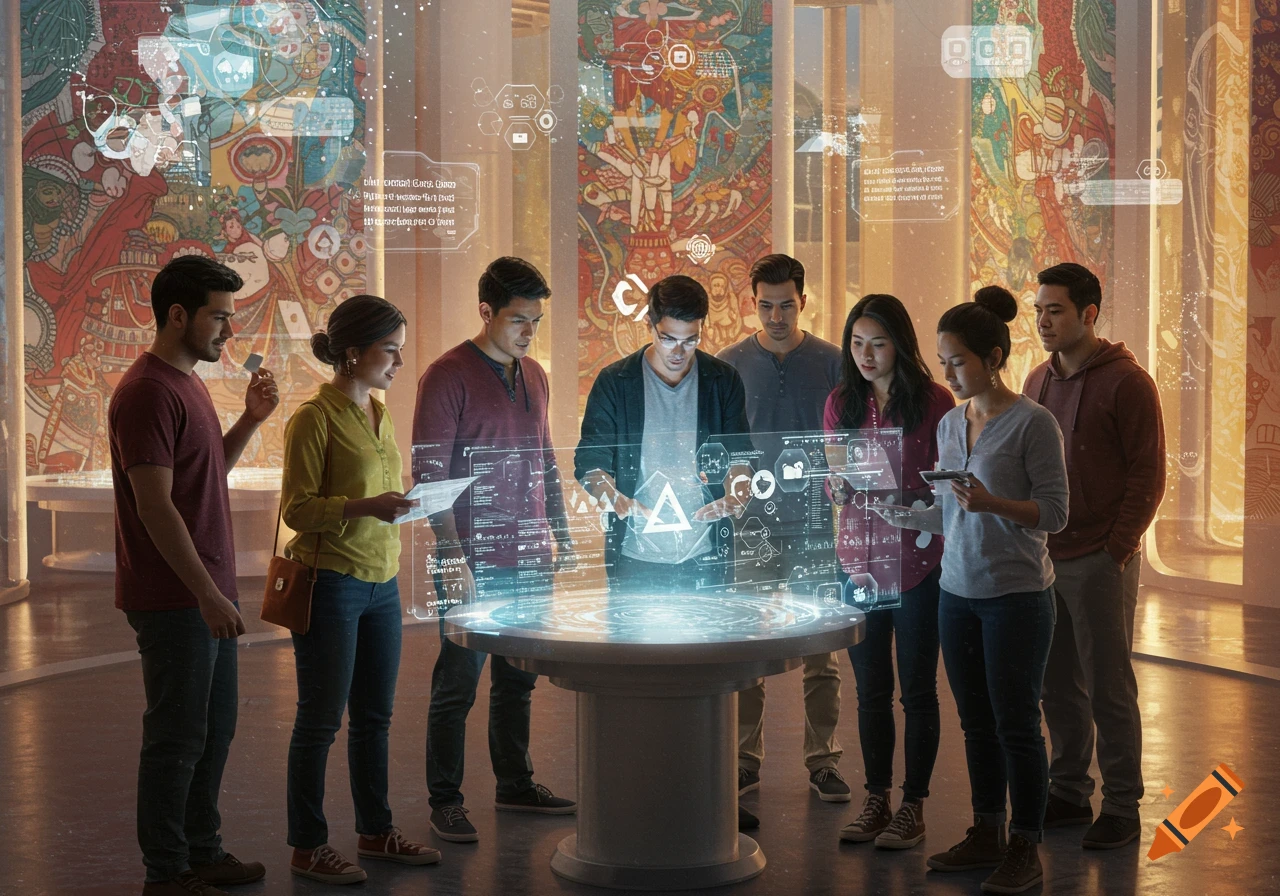 A diverse group of adults interacts with holographic displays at a modern tech exhibit with colorful murals in the background.
