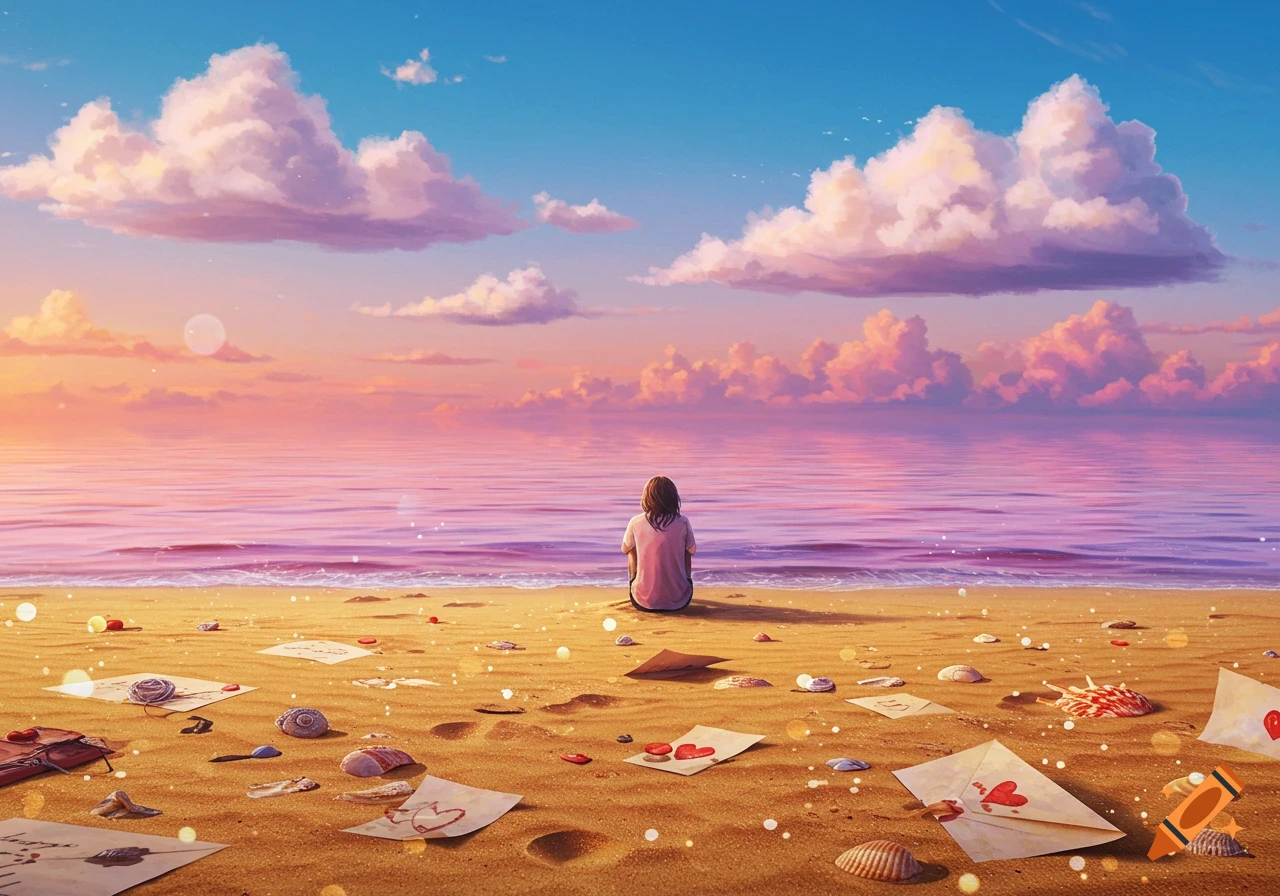 A stylized scene of a person sitting alone on a beach at sunset, looking out at a calm, pink and purple ocean. Scattered on the golden sand are seashells and old letters with hearts drawn on them. Fluffy clouds fill the colorful sky.