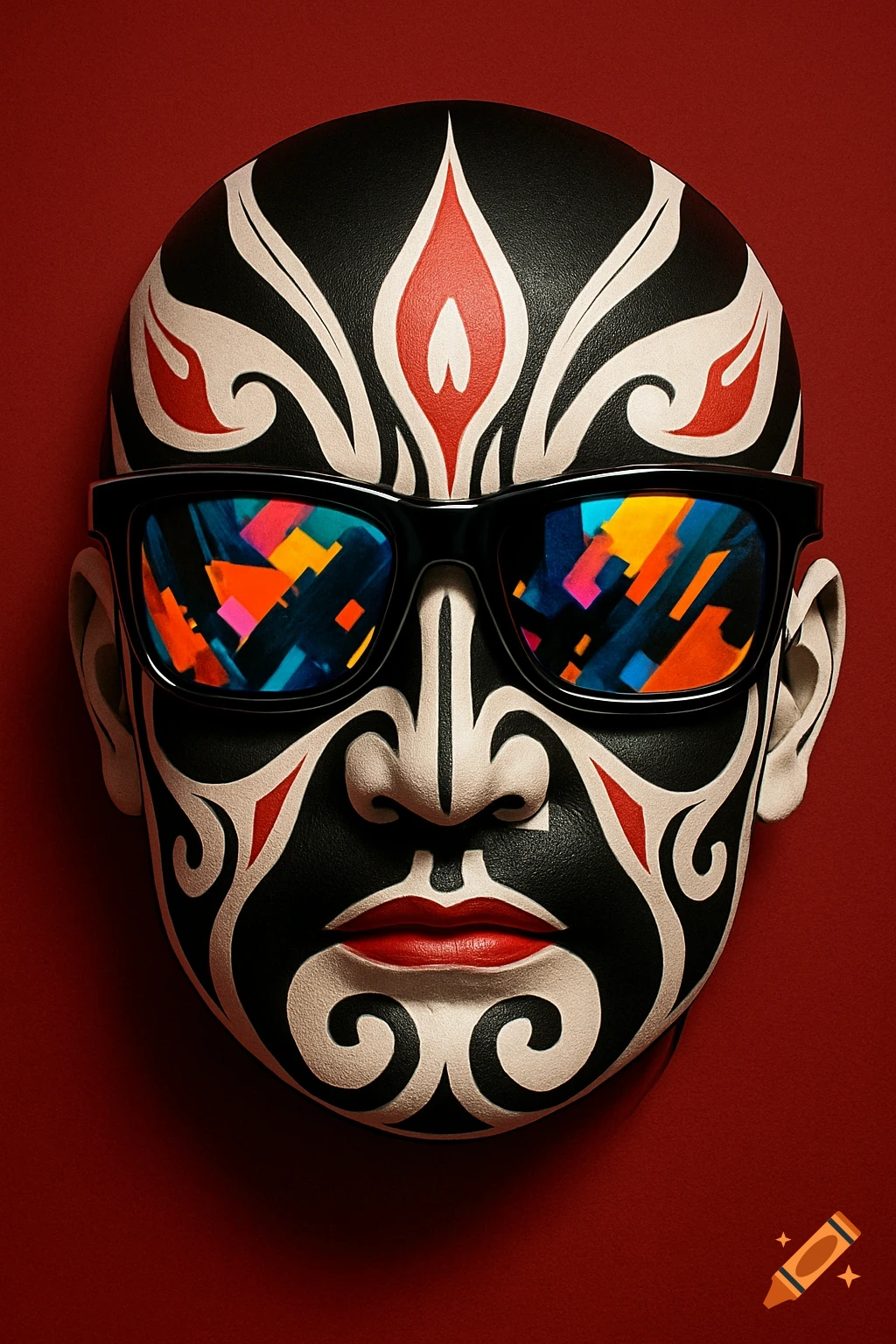 A stylized face mask with black, white, and red tribal patterns wears sunglasses reflecting colorful abstract shapes against a red background.