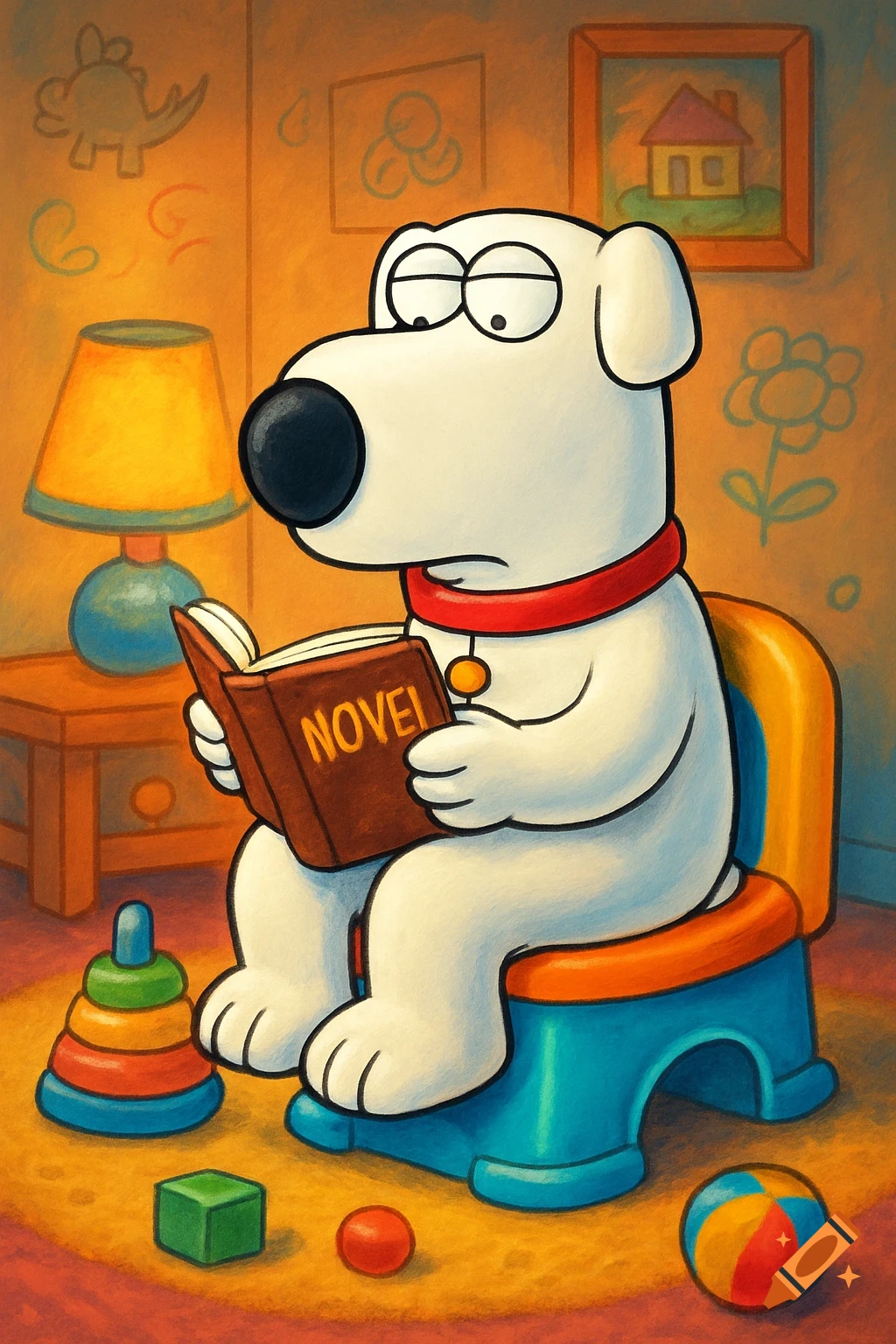 Cartoon Brian Griffin reads a book titled 'NOVEL' on a potty chair in a child's room with toys.