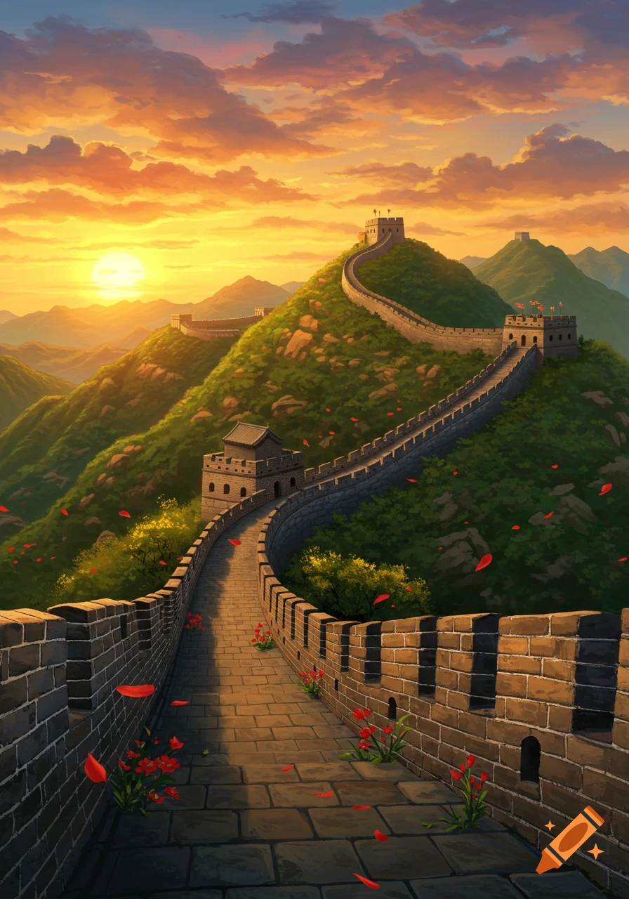 An illustrative view of the Great Wall of China at sunset, winding over lush green mountains with red petals scattered on the path.