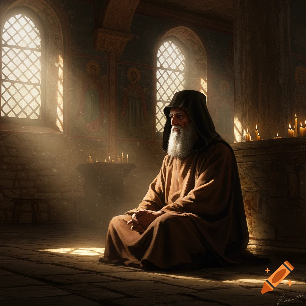 A solemn Bulgarian monk in a brown robe and hood kneels in a dimly lit monastery, with sunlight streaming through arched windows and candles glowing in the background, in a painted style.