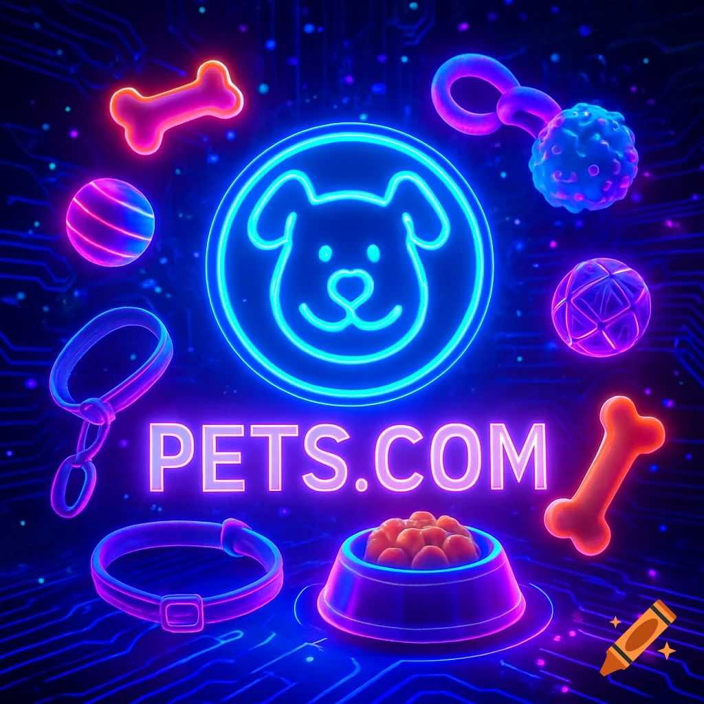 A futuristic neon Pets.com logo with a dog icon, surrounded by glowing pet toys, a collar, and a food bowl on a circuit board background.