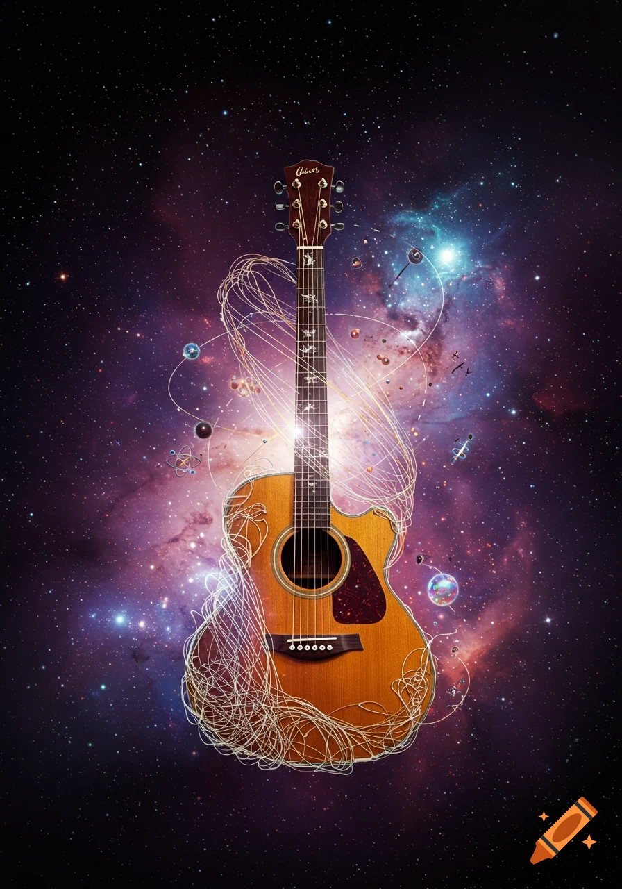 An acoustic guitar floats in deep space, surrounded by swirling lines and small planets, with nebulae in the background.