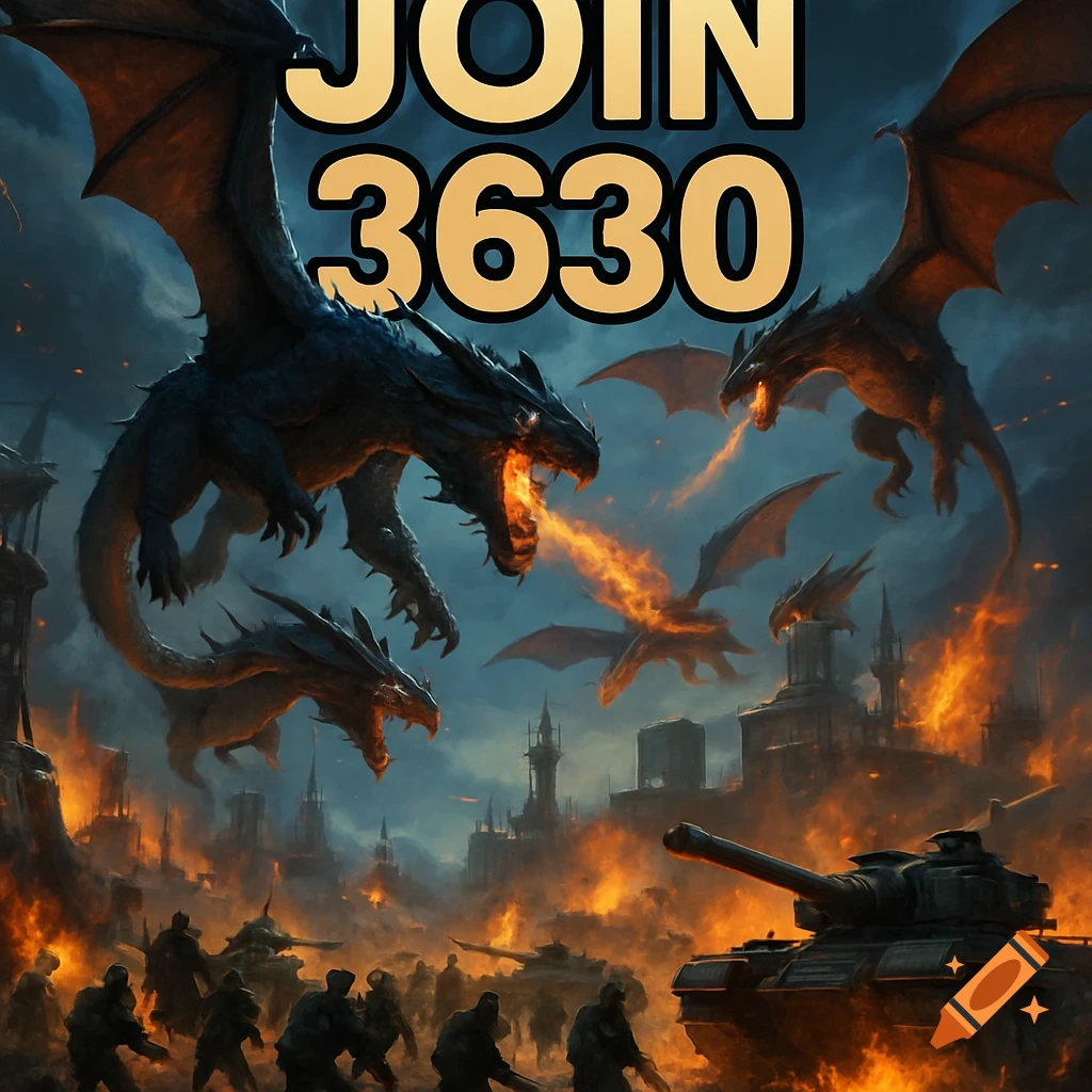 Dynamic fantasy battle with fire-breathing dragons, tanks, and soldiers amidst a burning cityscape, text 'JOIN 3630'.