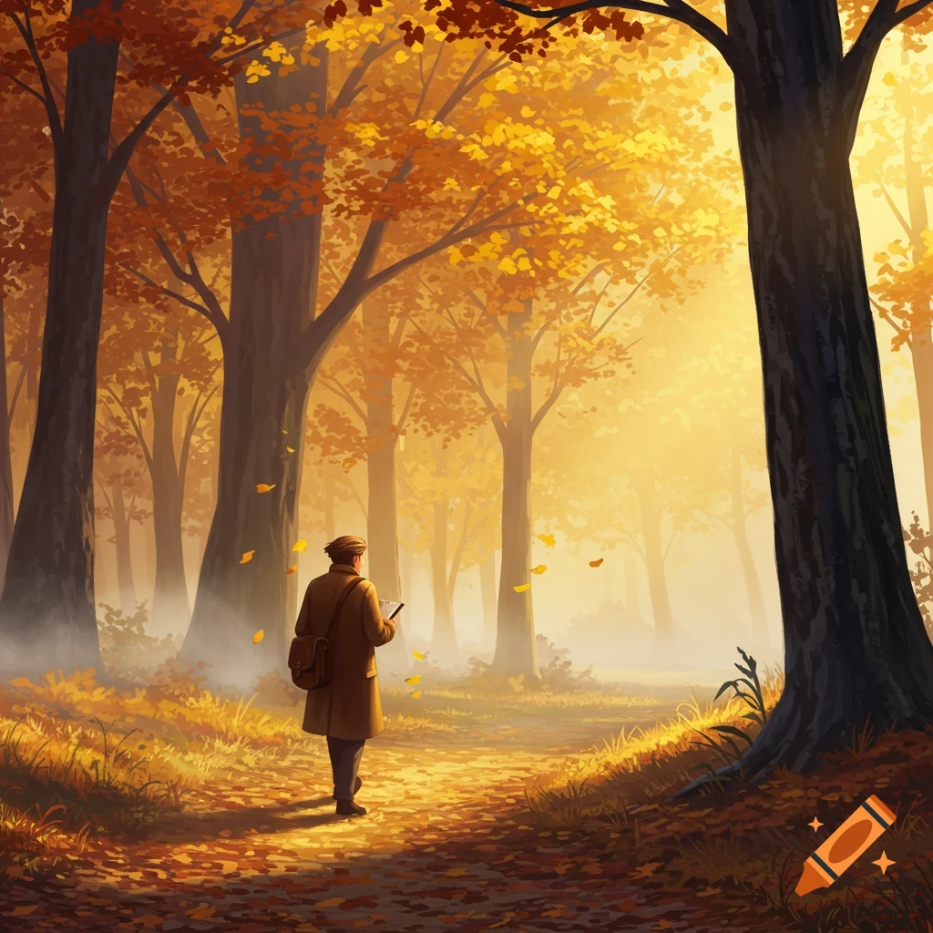 A person walks on a sunlit path through a vibrant autumn forest with golden and orange leaves, in an illustrative style.