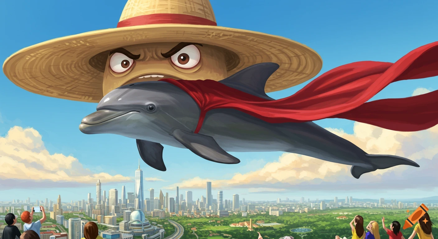 A giant angry straw hat character floats above a red-caped dolphin flying over a city. People below look up. Cartoon style.