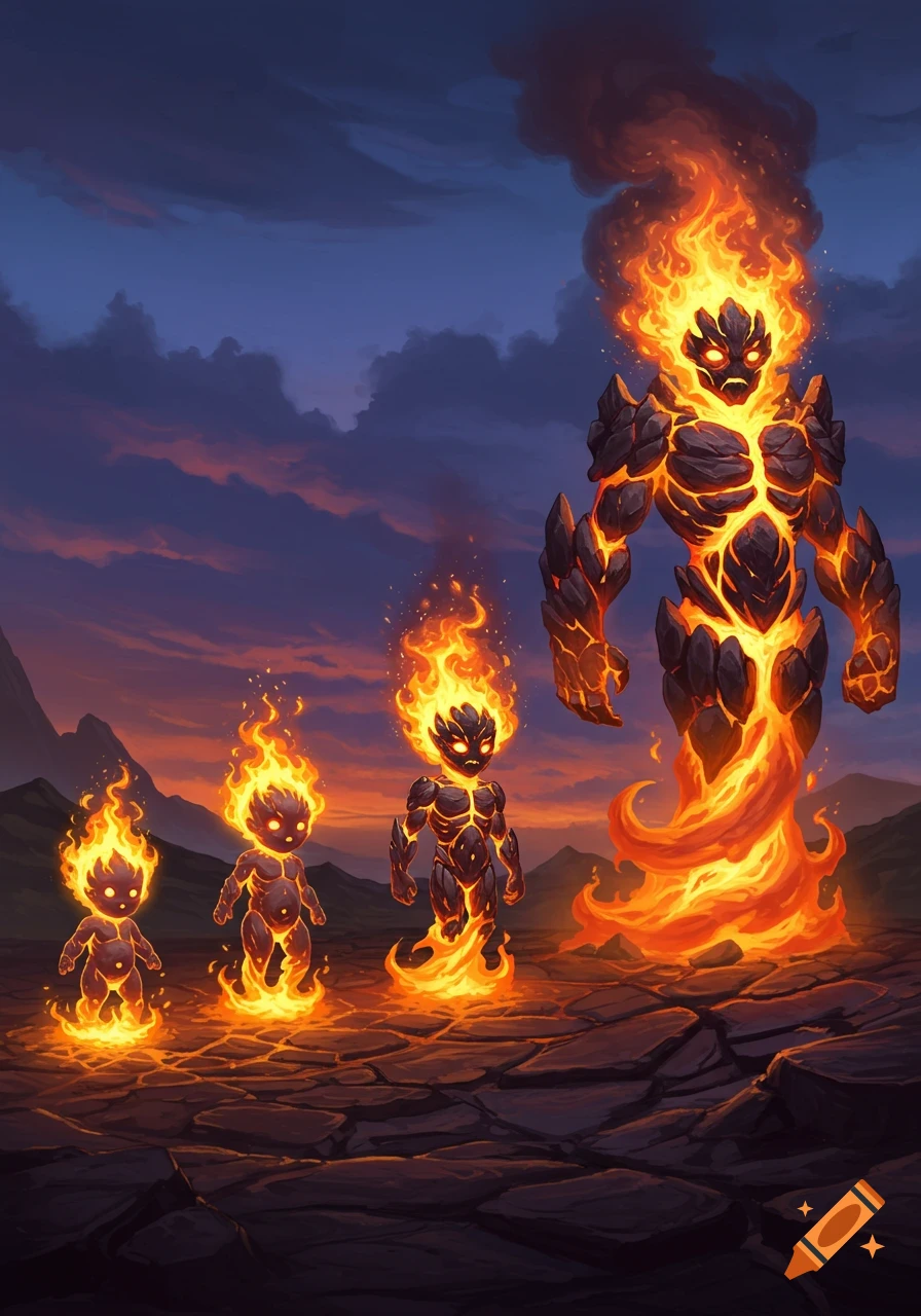 Four fire element creatures evolve from small to large, with glowing bodies and rocky armor, on cracked earth under a twilight sky.