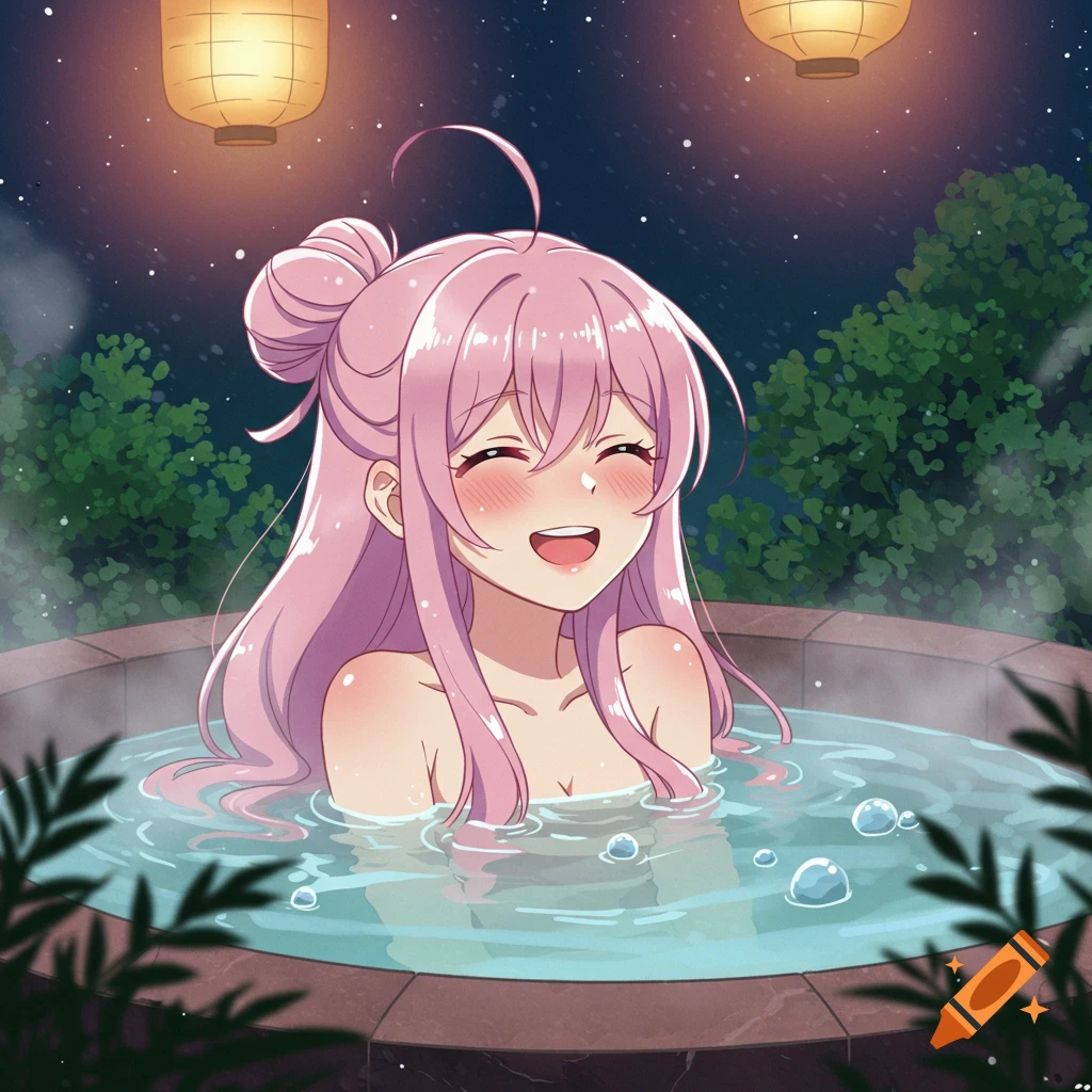 Smiling anime girl with pink hair relaxing in an outdoor hot tub at night, lit by lanterns.
