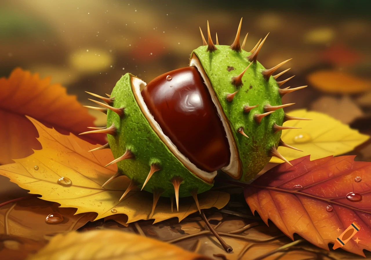 A shiny brown chestnut emerges from a cracked green conker, nestled among vibrant autumn leaves with water droplets.