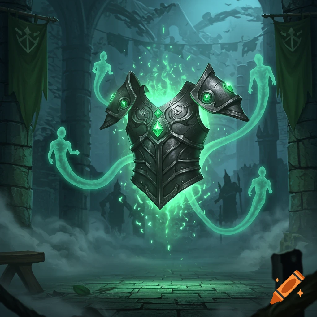 Ornate black armor with glowing green gems and energy, surrounded by ethereal green ghosts in a dark, ruined fantasy castle.