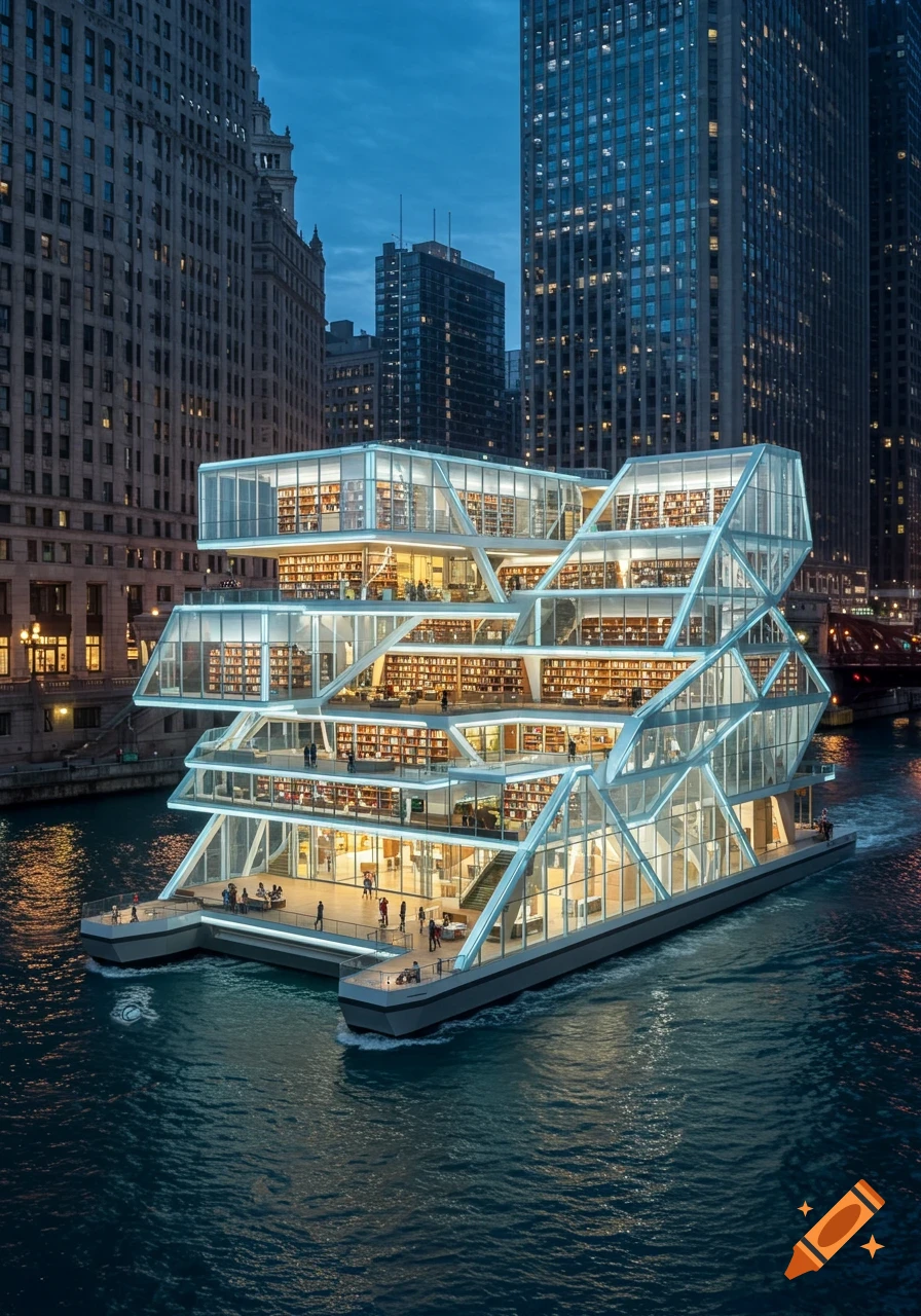 A futuristic, multi-story glass library structure floating on the Chicago River at dusk, surrounded by city buildings.