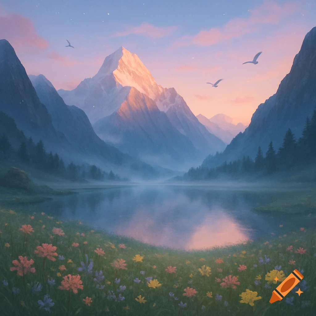A serene mountain landscape at sunrise or sunset, with a calm lake reflecting the vibrant sky, surrounded by a foreground of colorful wildflowers.