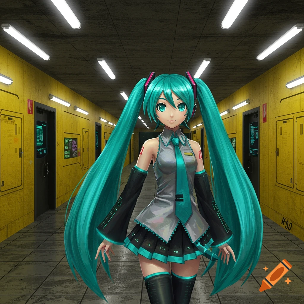 Hatsune Miku in a grey and yellow industrial corridor, with glowing screens on the walls.