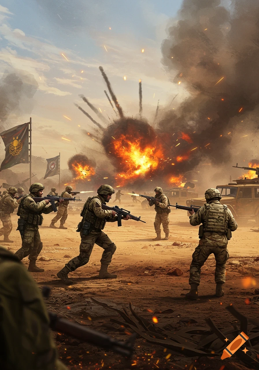 Soldiers in desert camouflage engage in a fierce battle with explosions and smoke billowing in the background under a cloudy sky.