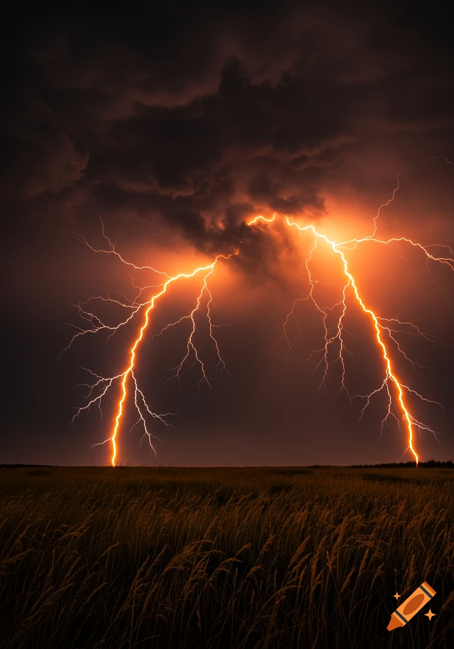 Dramatic orange lightning strikes a dark field under a stormy, reddish-orange sky.