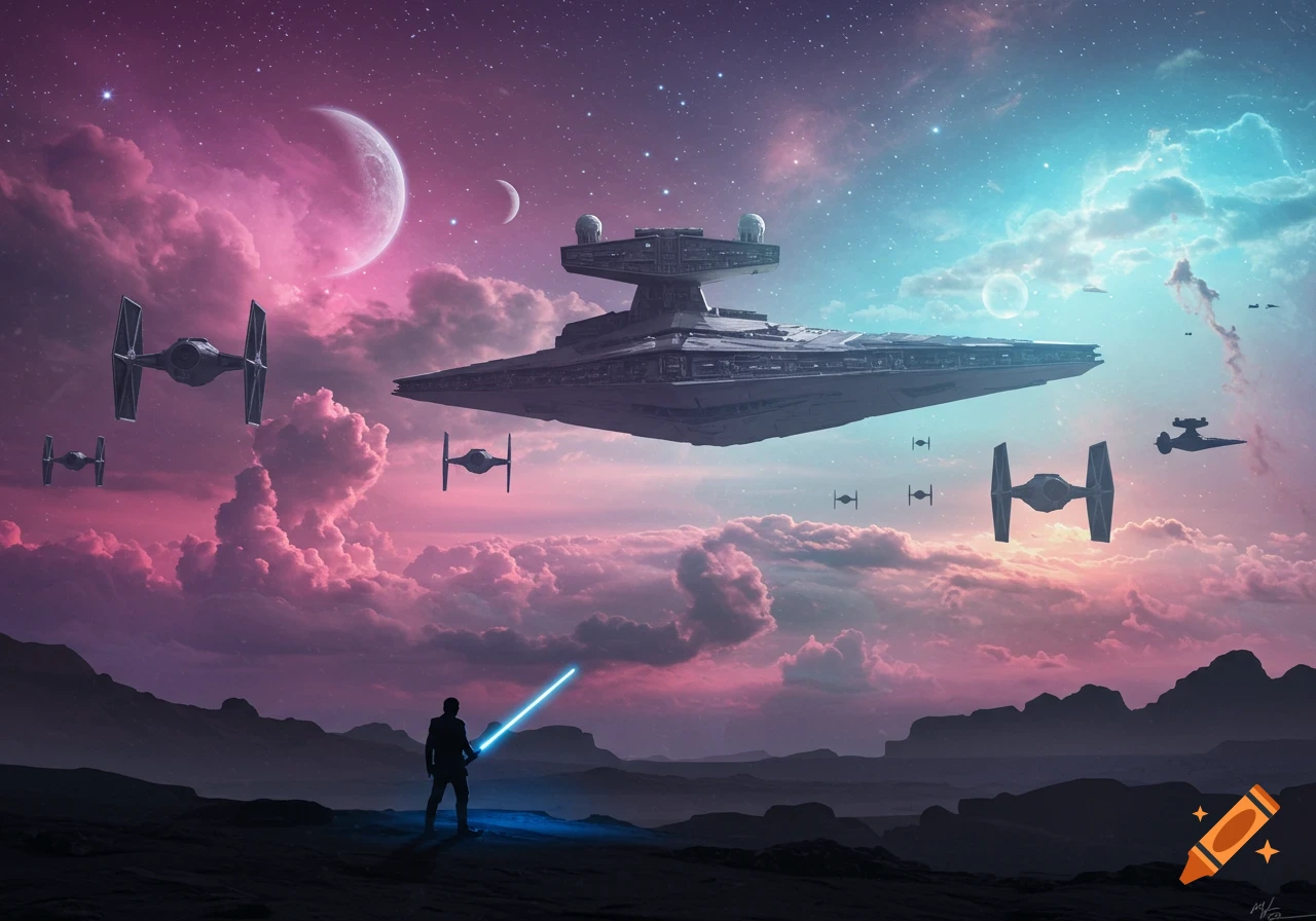 A person with a blue lightsaber stands on an alien landscape under a pink and blue nebula sky, with a Star Destroyer and TIE fighters flying overhead.