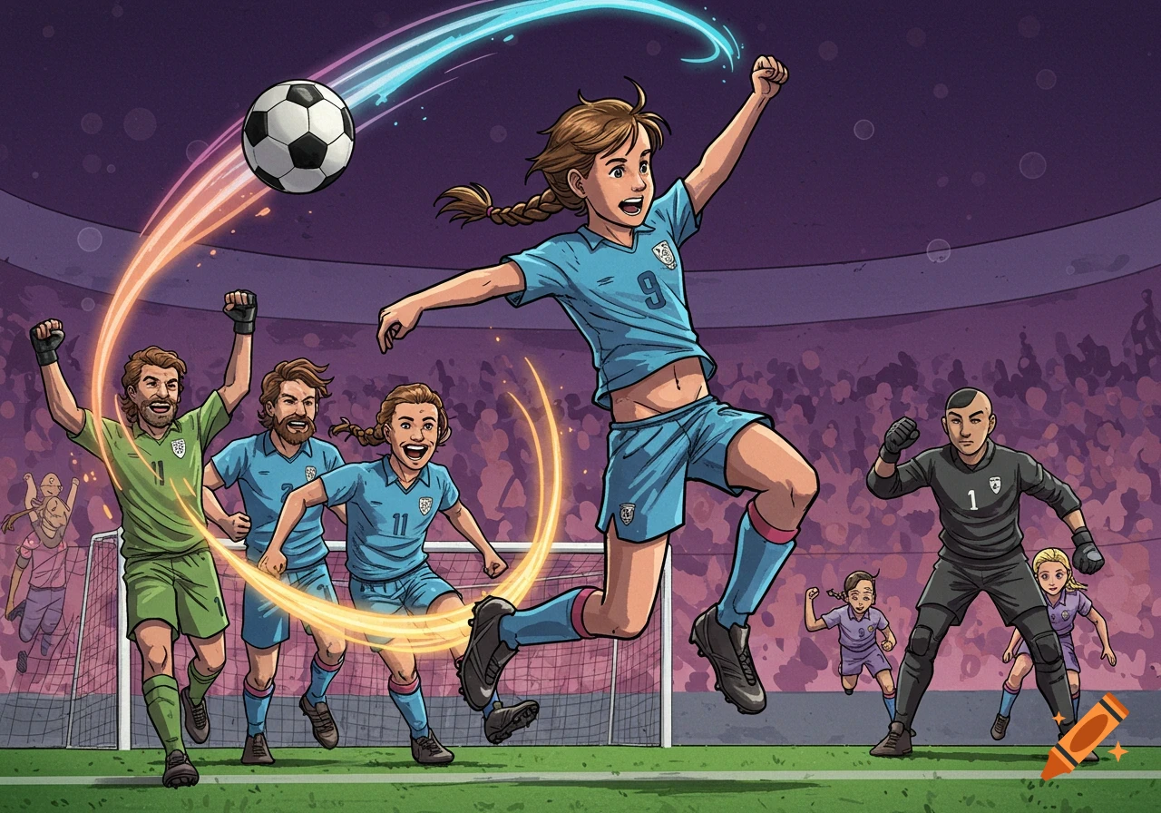Comic book illustration of a girl in a blue jersey volleying a soccer ball, with celebrating teammates and an opposing goalie on a field.