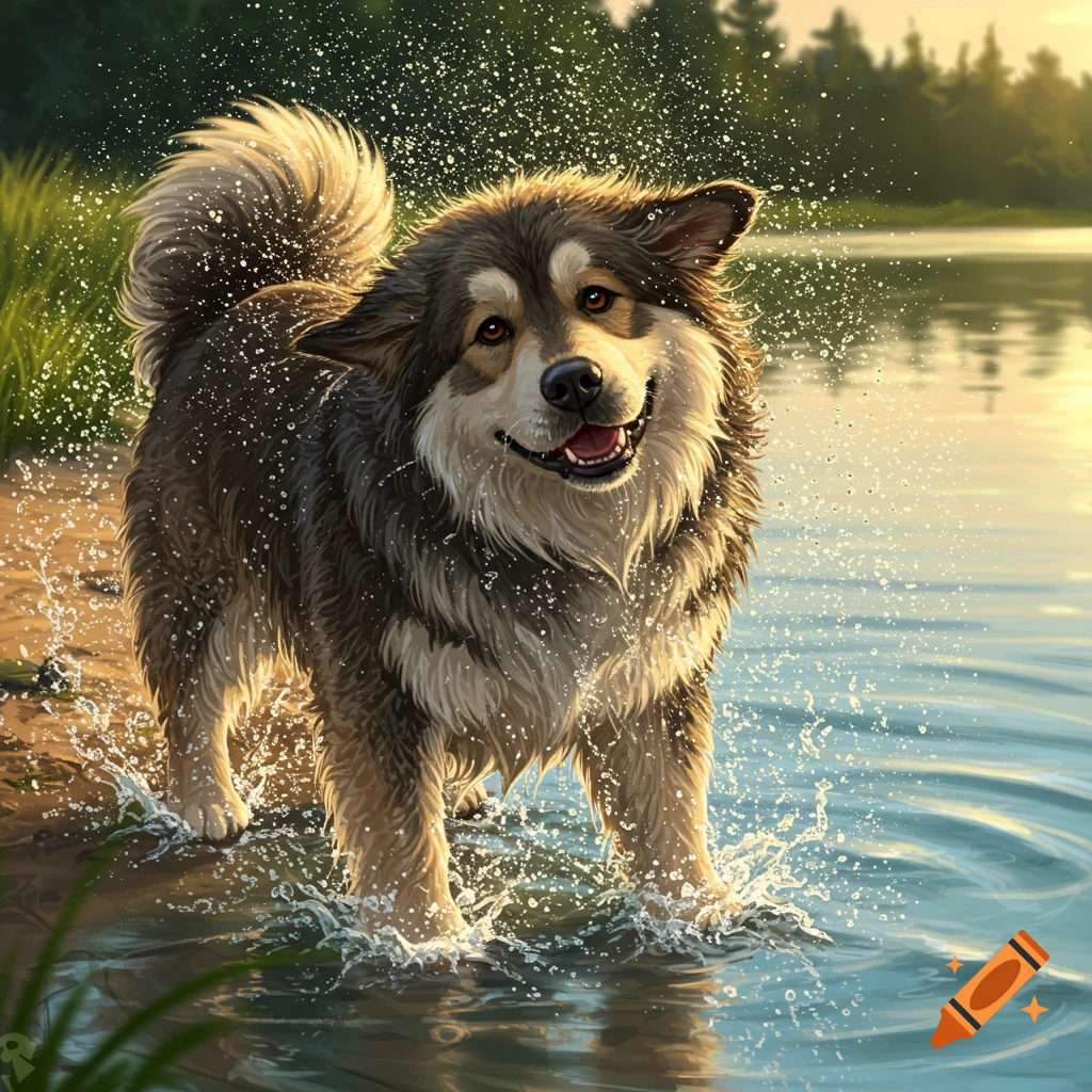 A fluffy, happy dog with dark and light brown fur stands in a lake, splashing water, with a golden sunset in the background.