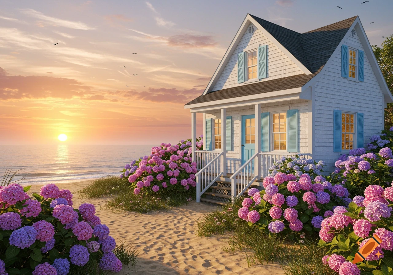 Photorealistic white beach cottage with blue shutters, surrounded by pink and purple hydrangeas, on a sandy beach at sunset.