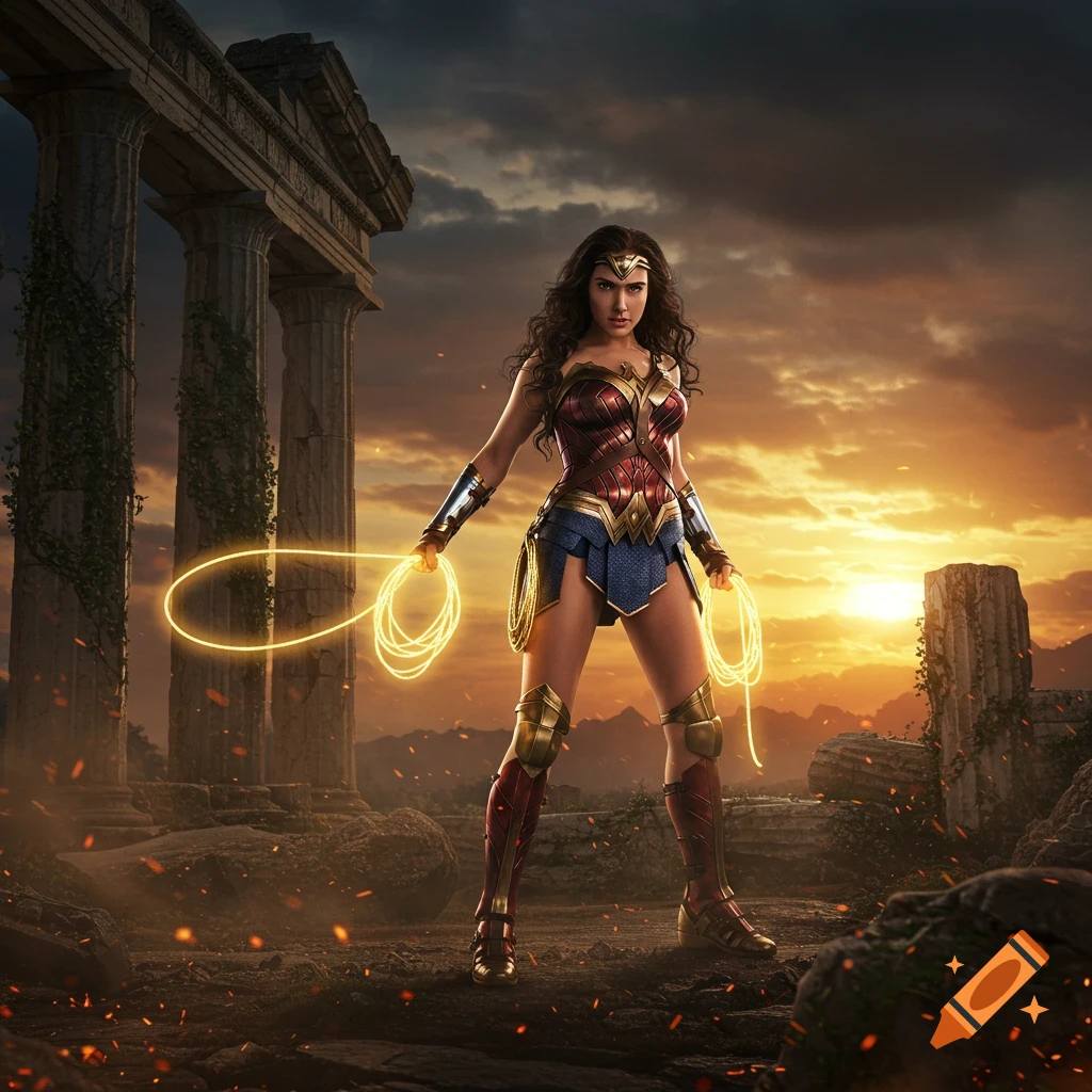 Wonder Woman stands heroically in a destroyed ancient temple, holding her glowing Lasso of Truth, with a dramatic sunset in the background.