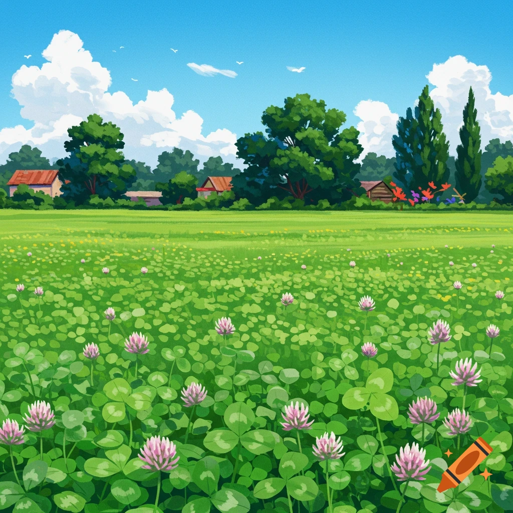 Anime style landscape of a vibrant green clover field with pink flowers under a blue sky, with houses and trees in the distance.