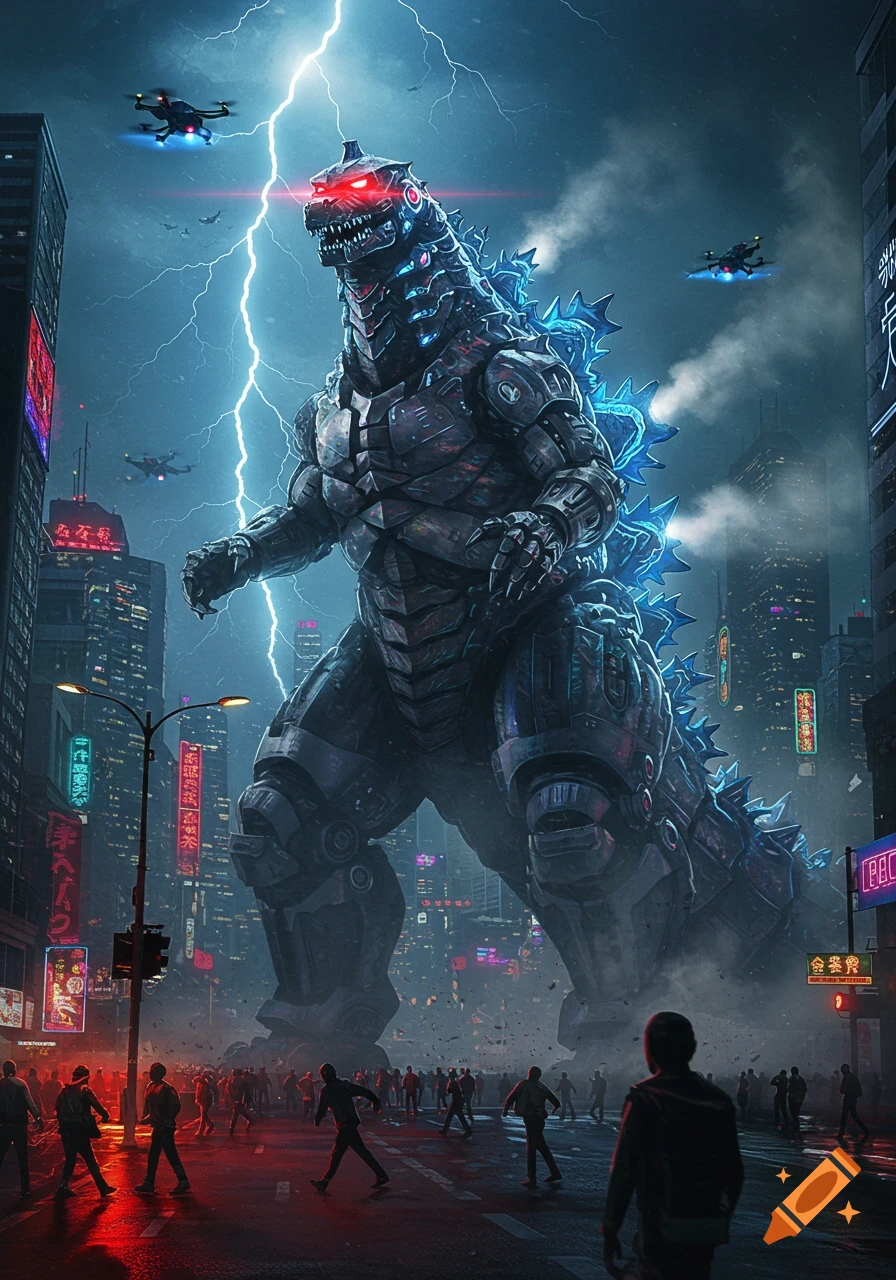 A giant robotic Godzilla-like monster with glowing red eyes and blue spines stands in a city at night under lightning, as people flee. Photorealistic.