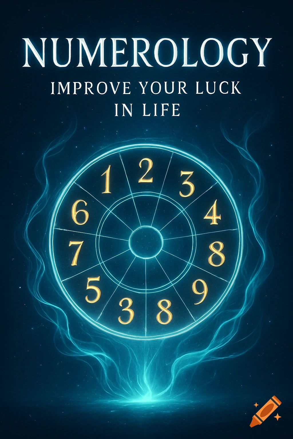 A glowing neon blue numerology wheel with golden numbers 1-9, on a dark, starry background. Text reads 'Numerology Improve Your Luck in Life'.