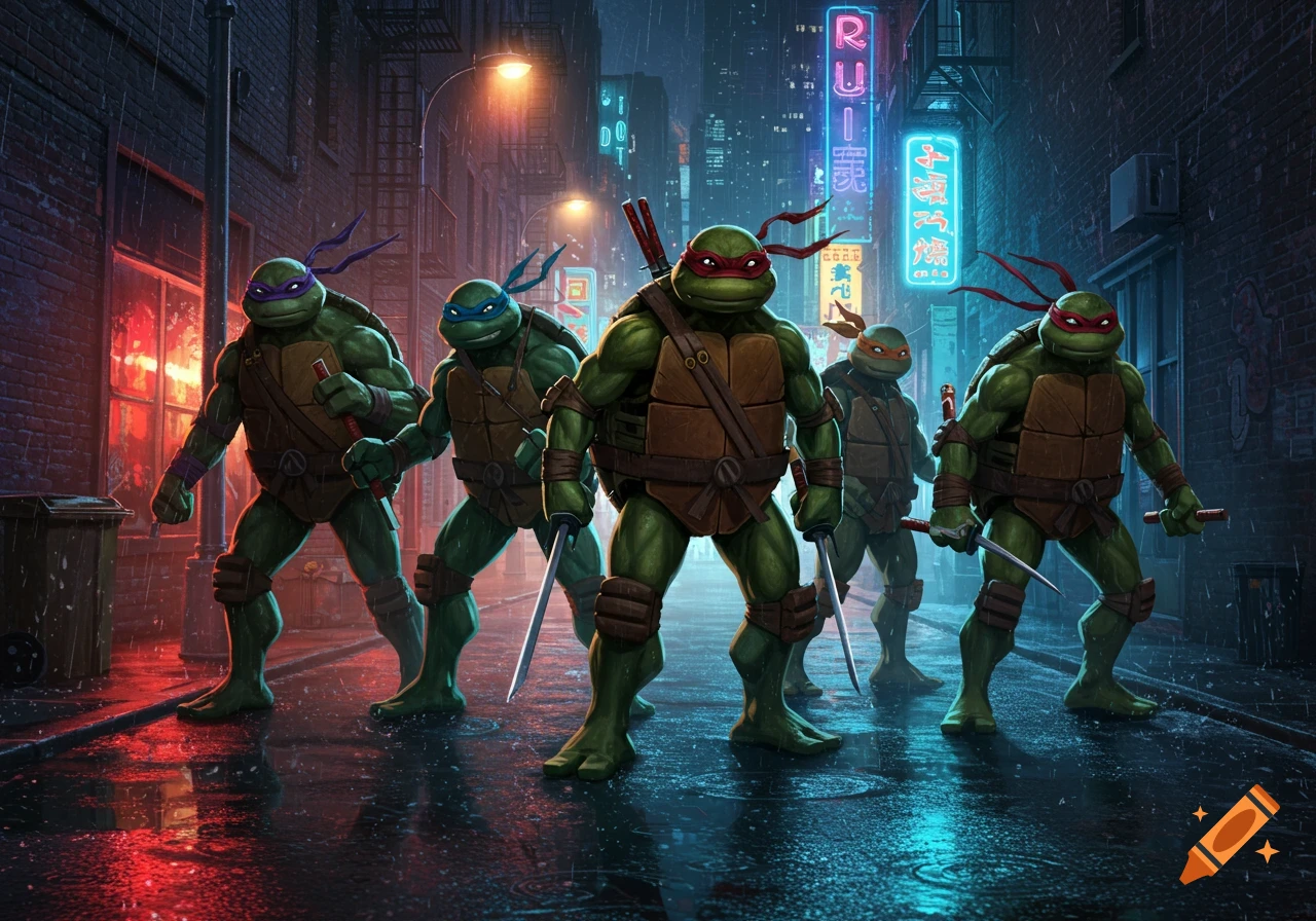 The Ninja Turtles stand ready in a dark, rainy city alley under neon lights, featuring Donatello, Leonardo, Raphael, and Michelangelo.
