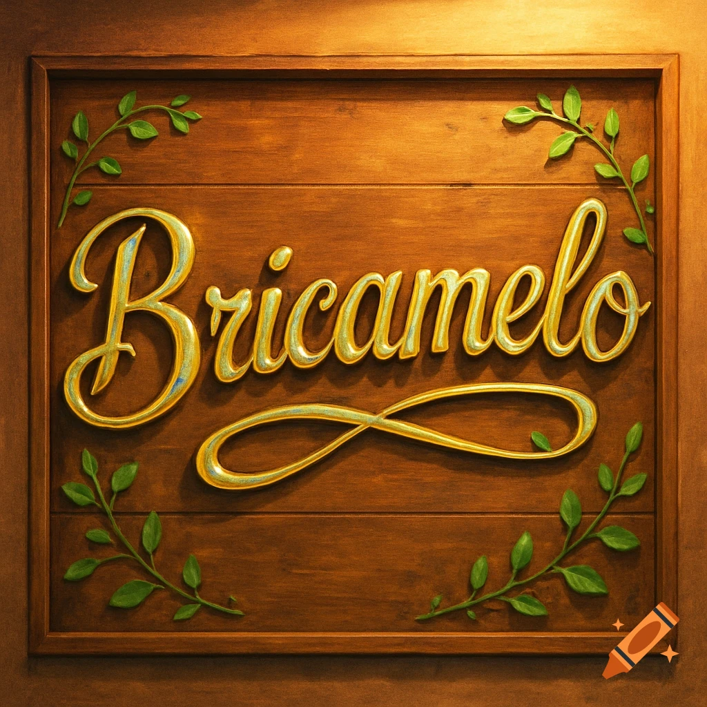 A carved wooden sign with the word 'Bricamelo' in ornate gold script, framed by green leaves.