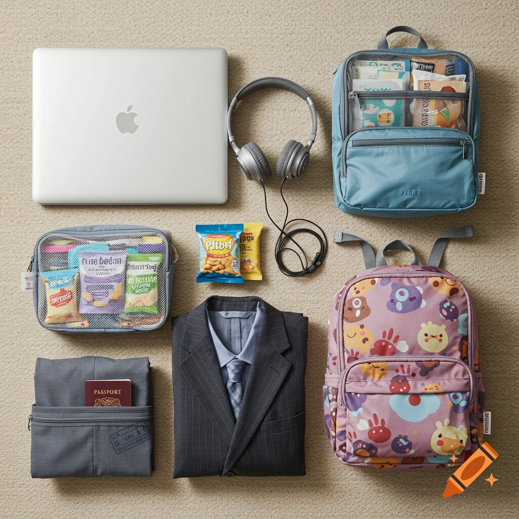Photorealistic flat lay of neatly arranged travel items including a laptop, headphones, two backpacks, snacks, a suit, and a passport on a neutral background.