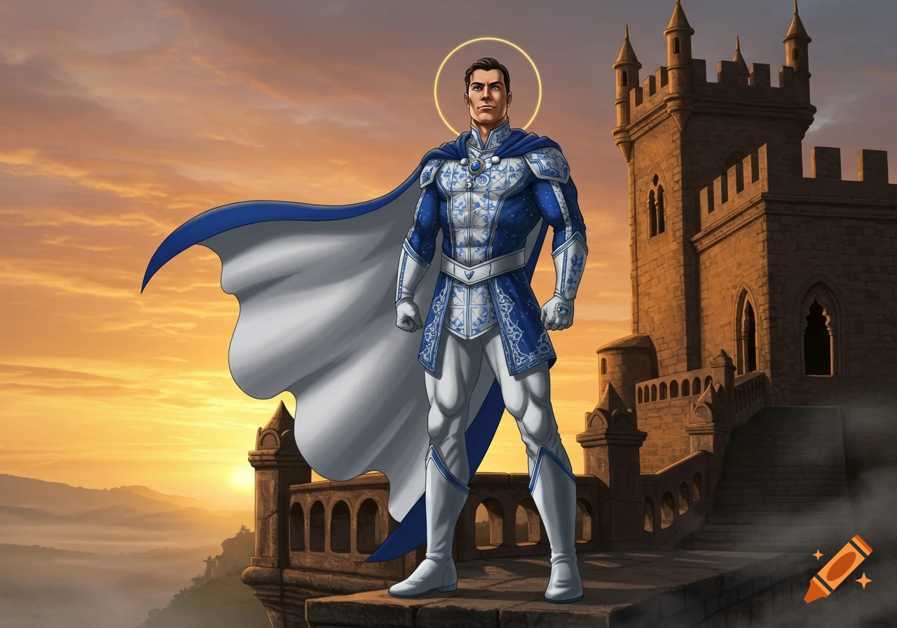 An illustrated male superhero in a blue and white suit and cape, with a halo, stands on a castle balcony at sunset.