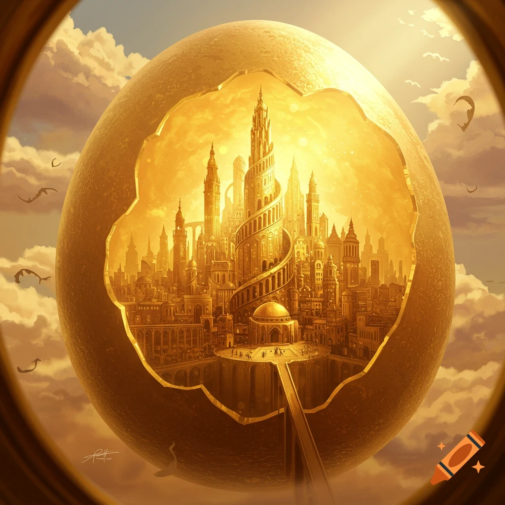A golden fantasy city with a tall spiral tower inside a cracked golden egg, floating above clouds.