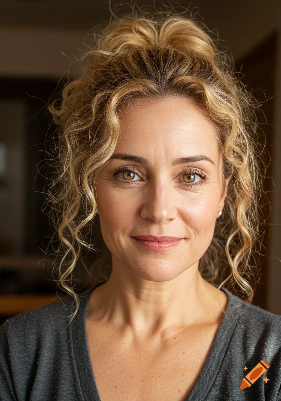 Photorealistic portrait of a middle-aged woman with curly blonde hair in a messy bun, green eyes, and a subtle smile in soft natural light.