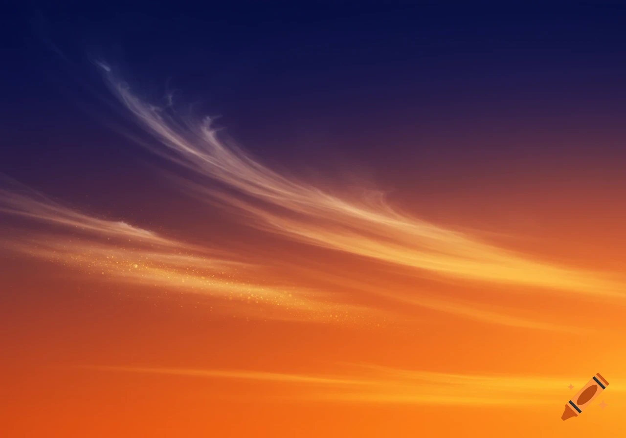 A vibrant sky gradient transitions from dark blue to orange, with wispy white and gold-tinged clouds streaking across.
