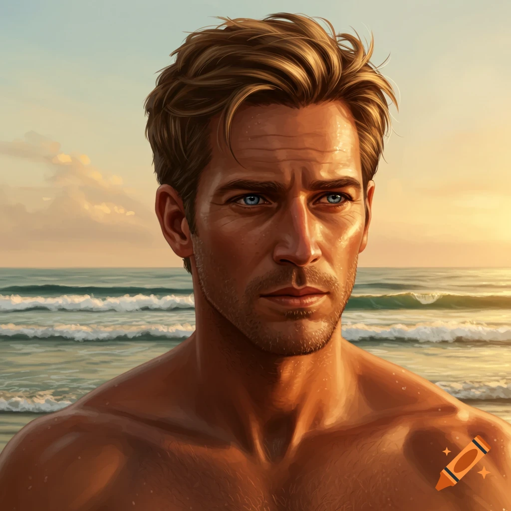 Close-up digital art portrait of a man with light brown hair and blue eyes, shirtless, standing in front of an ocean at sunset.