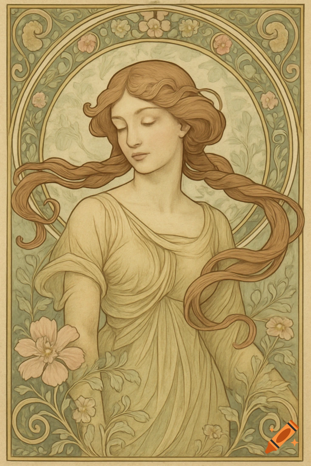 Art Nouveau illustration of a woman with long, flowing brown hair, closed eyes, in a flowing dress, surrounded by floral motifs.