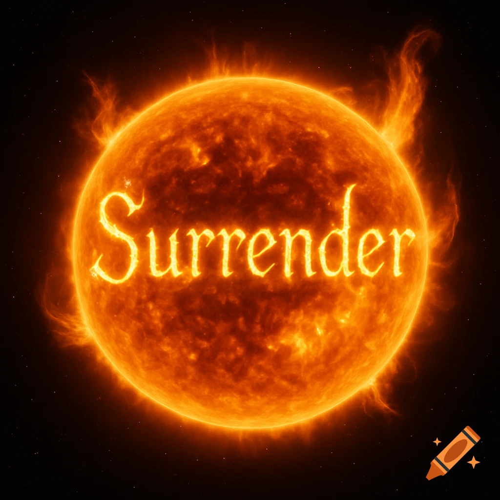 A realistic CGI sun with fiery solar flares, emblazoned with the glowing word 'Surrender' against a starry black backdrop.