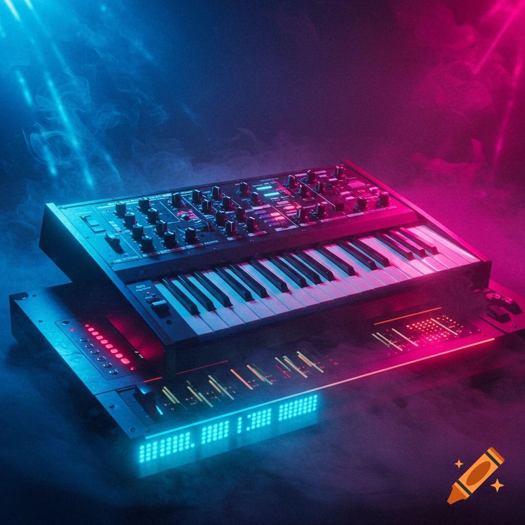 Two synthesizers, one stacked on top, are bathed in neon blue and magenta light amidst smoke. The instruments feature keyboards, numerous knobs, and glowing LED displays.